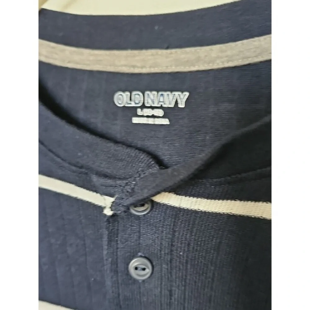 Old Navy Boys Large Striped Henley Shirt Navy Blue White Short Sleeve Ribbed